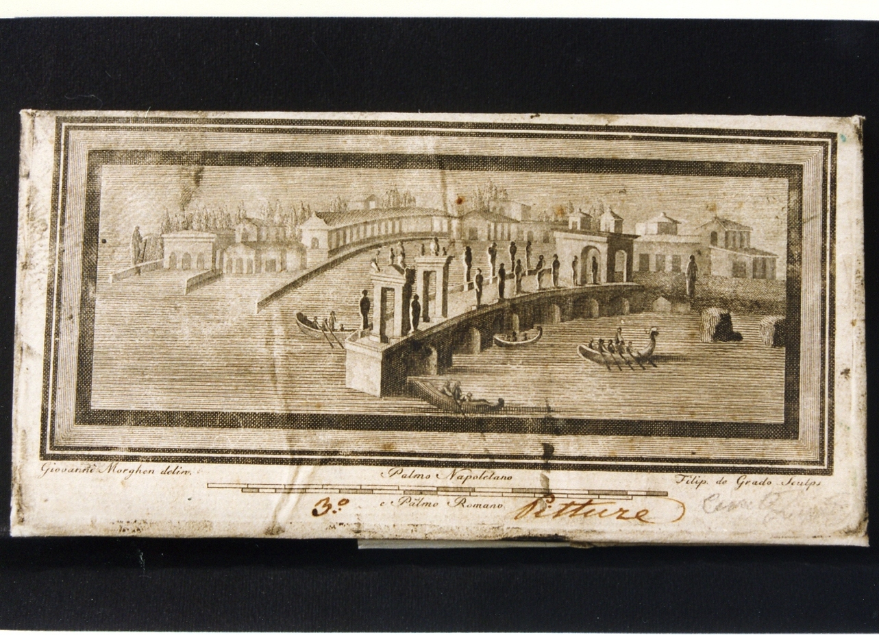 paesaggio marino con porto e barche (stampa controfondata) di Vanni Nicola, De Grado Filippo (sec. XVIII)