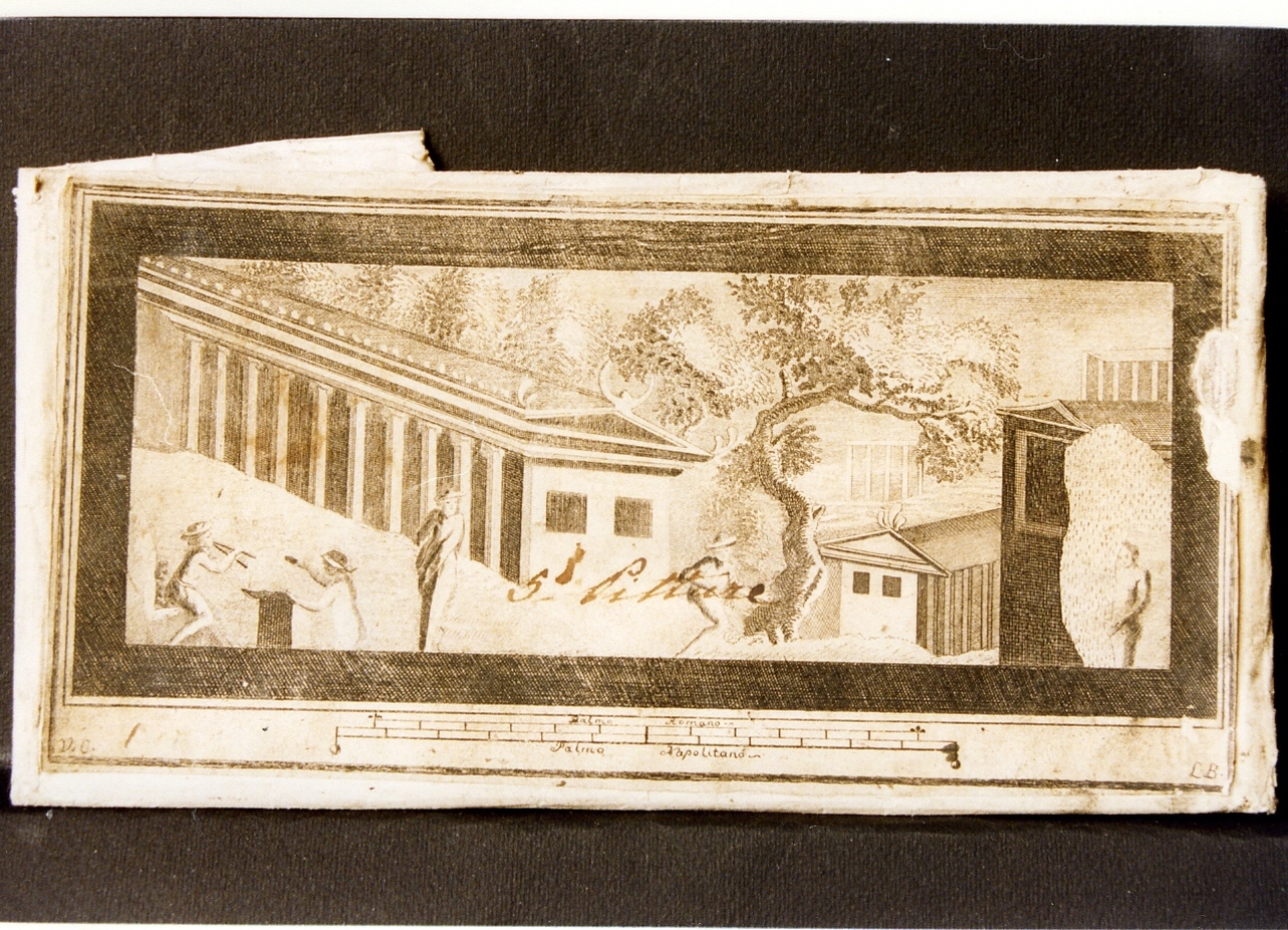 paesaggio con architetture e figure (stampa controfondata smarginata) di Boily Luigi, Campana Vincenzo (sec. XVIII)