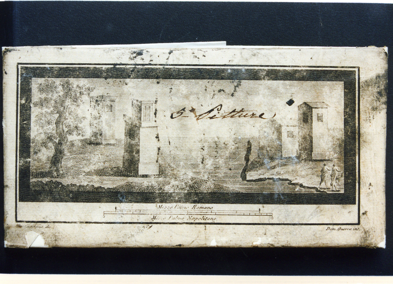 paesaggio marino con architetture e figure (stampa controfondata) di Guerra Domenico, Campana Vincenzo (sec. XVIII)