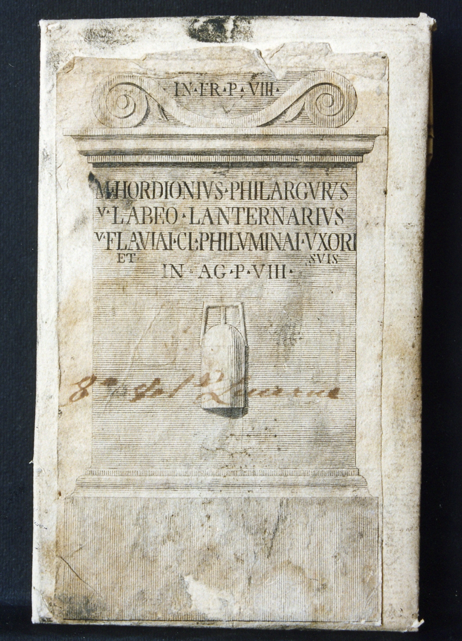 base di statua con iscrizione latina funeraria (stampa controfondata smarginata) - ambito napoletano (sec. XVIII)