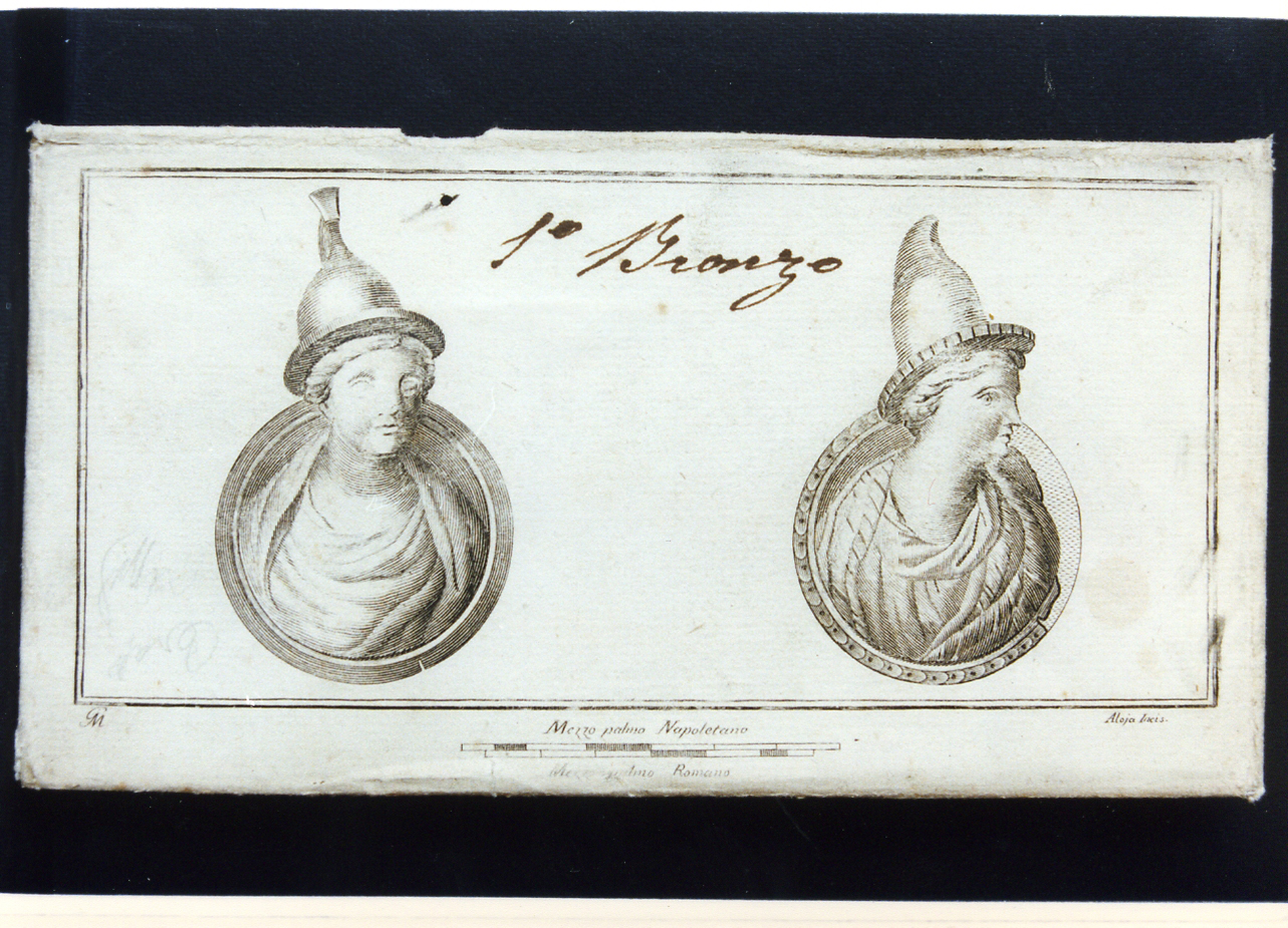 borchie di bronzo con bustini di Atena (stampa) di Alloja Giuseppe, Morghen Giovanni Elia (sec. XVIII)