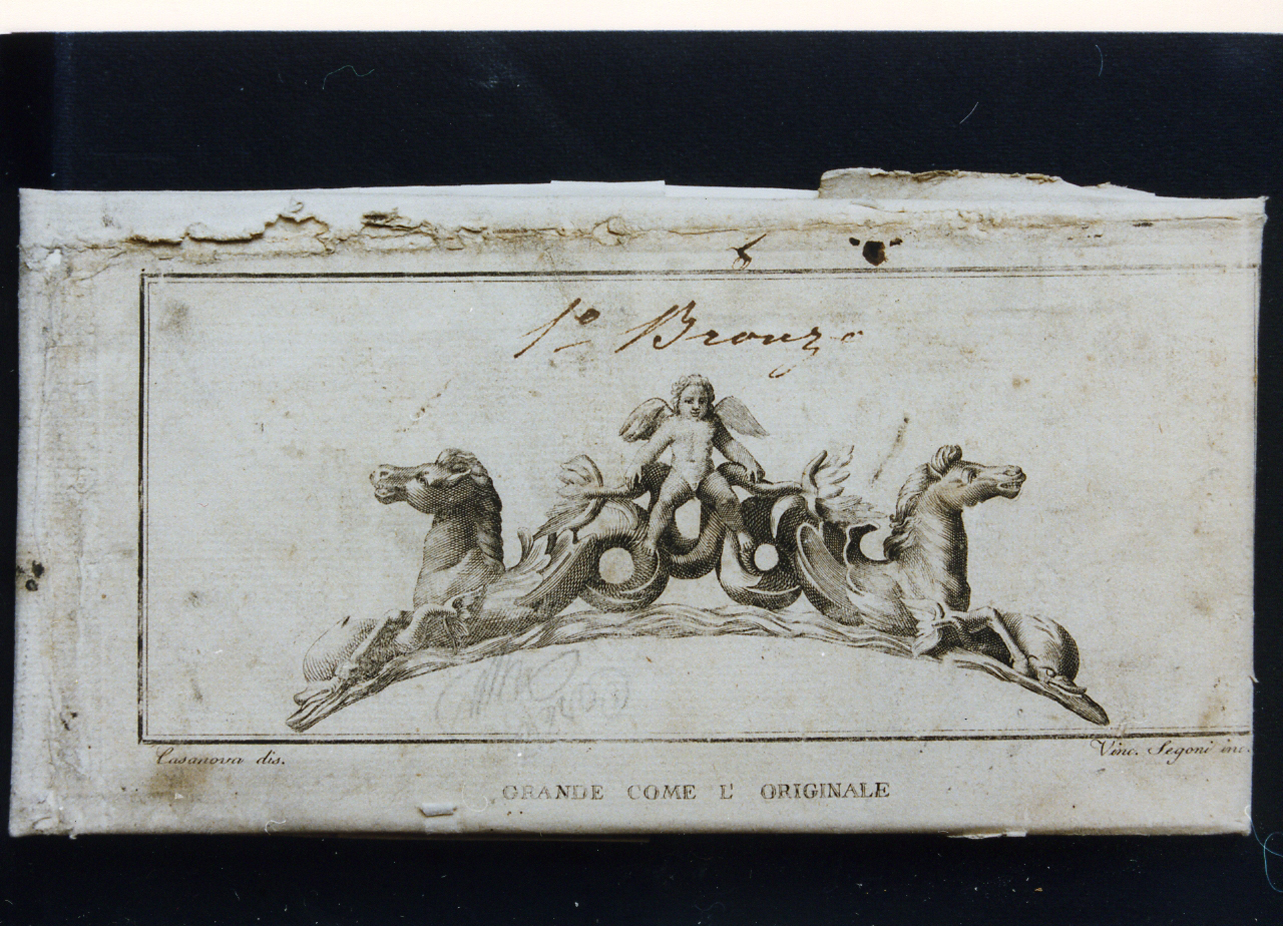 ansa di bronzo configurata con cavalli marini e putto (stampa controfondata) di Casanova Giovanni Battista, Segoni Vincenzo (sec. XVIII)