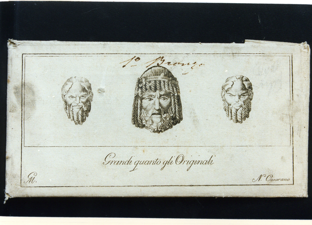 tre appliques in bronzo maschera tragica e mascherette sileniche (stampa) di Morghen Giovanni Elia, Cesarano Niccolò (sec. XVIII)