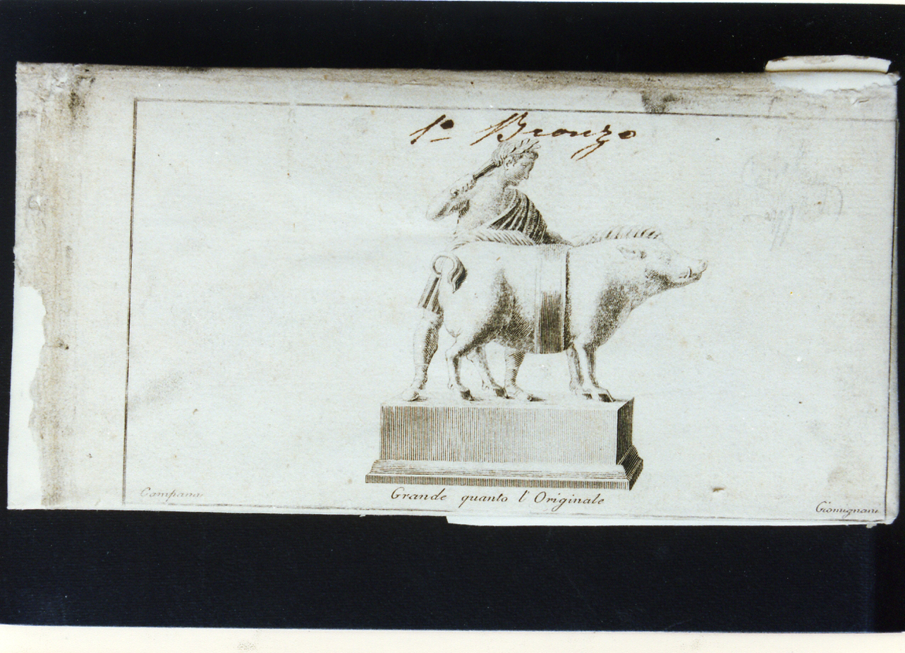 piccolo gruppo scultoreo con cinghiale e figura virile in bronzo (stampa controfondata) di Campana Vincenzo, Giomignani Francesco (sec. XVIII)