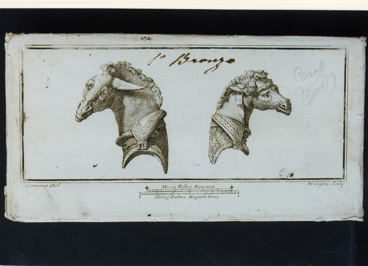 due fulcra a testa di cavallo in bronzo (stampa) di Mangini Lorenzo, Casanova Giovanni Battista (sec. XVIII)