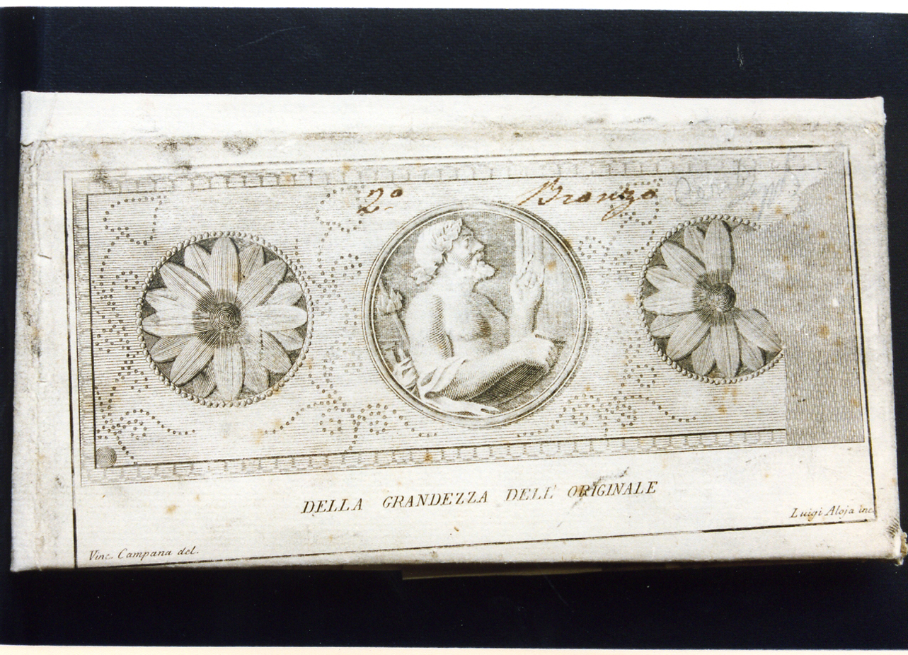 lamina traforata decorata con due rosoni e busto di Dioniso (stampa controfondata) di Aloja Luigi, Campana Vincenzo (sec. XVIII)