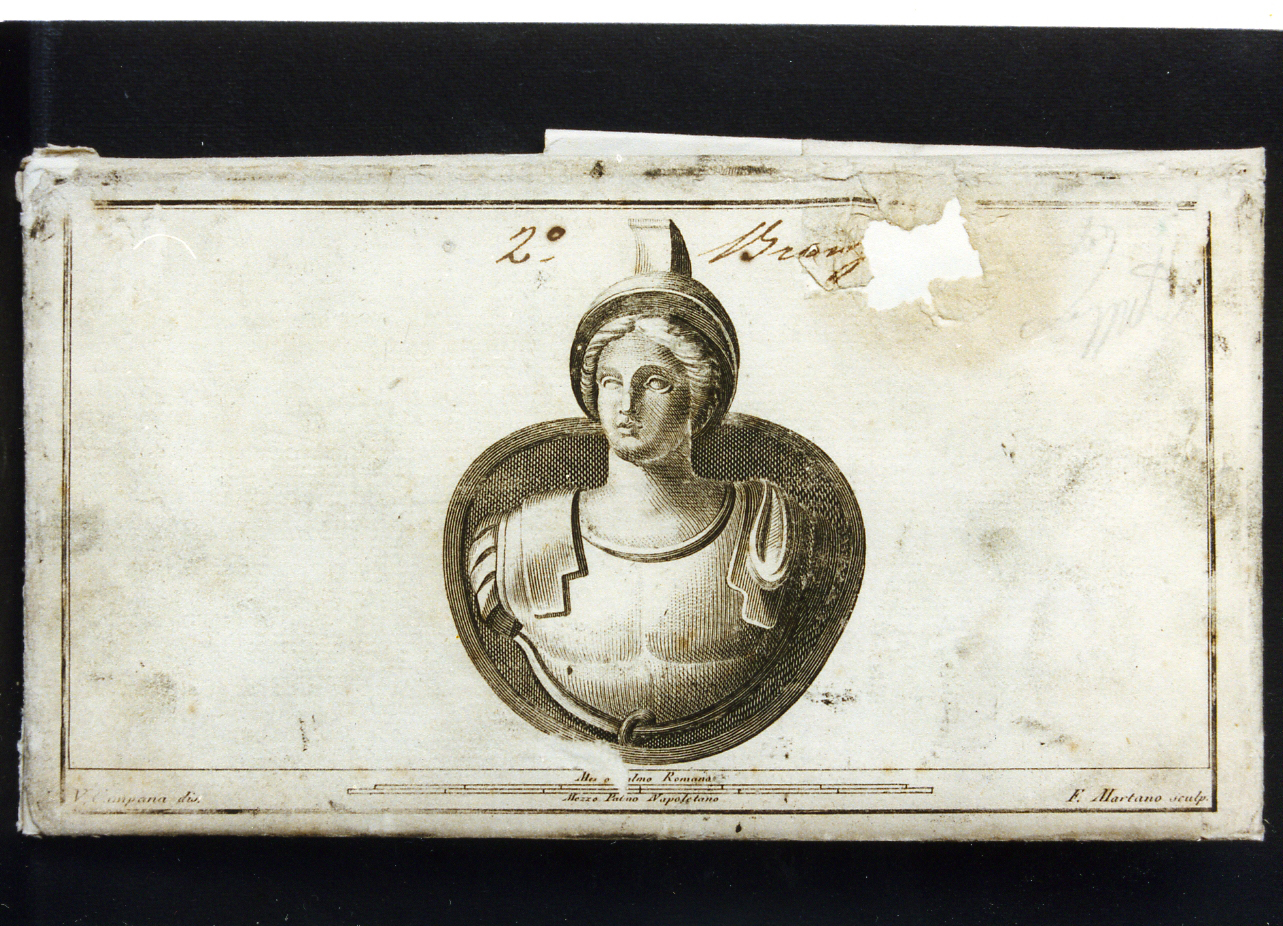 borchia con bustino di Marte in bronzo (stampa) di Campana Vincenzo, Martano Francesco (sec. XVIII)