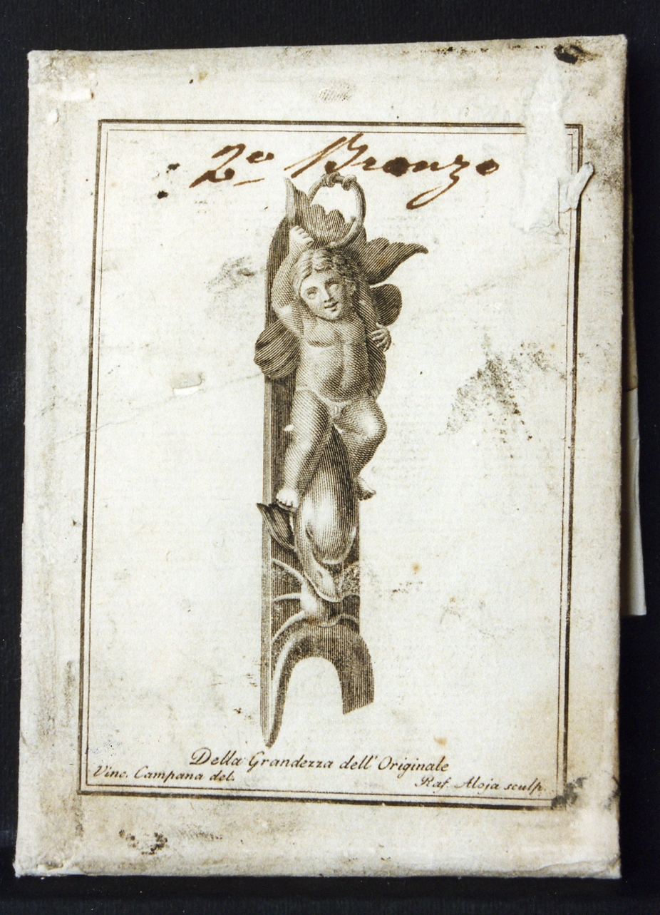 elemento decorativo con amorino su delfino in bronzo (stampa controfondata) di Campana Vincenzo, Aloja Raffaele (sec. XVIII)