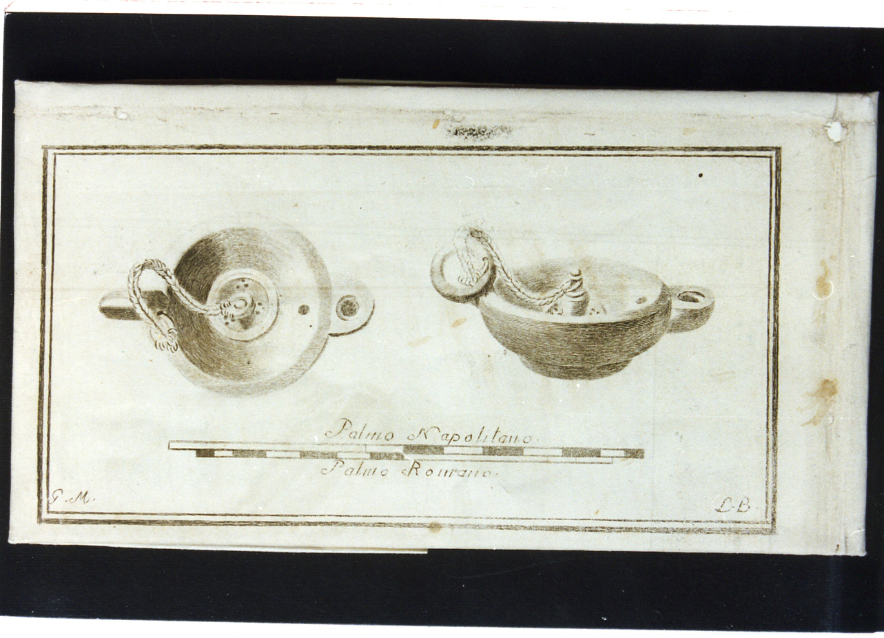 lucerna monolicne: veduta superiore e laterale (stampa controfondata) di Morghen Giovanni Elia (sec. XVIII)