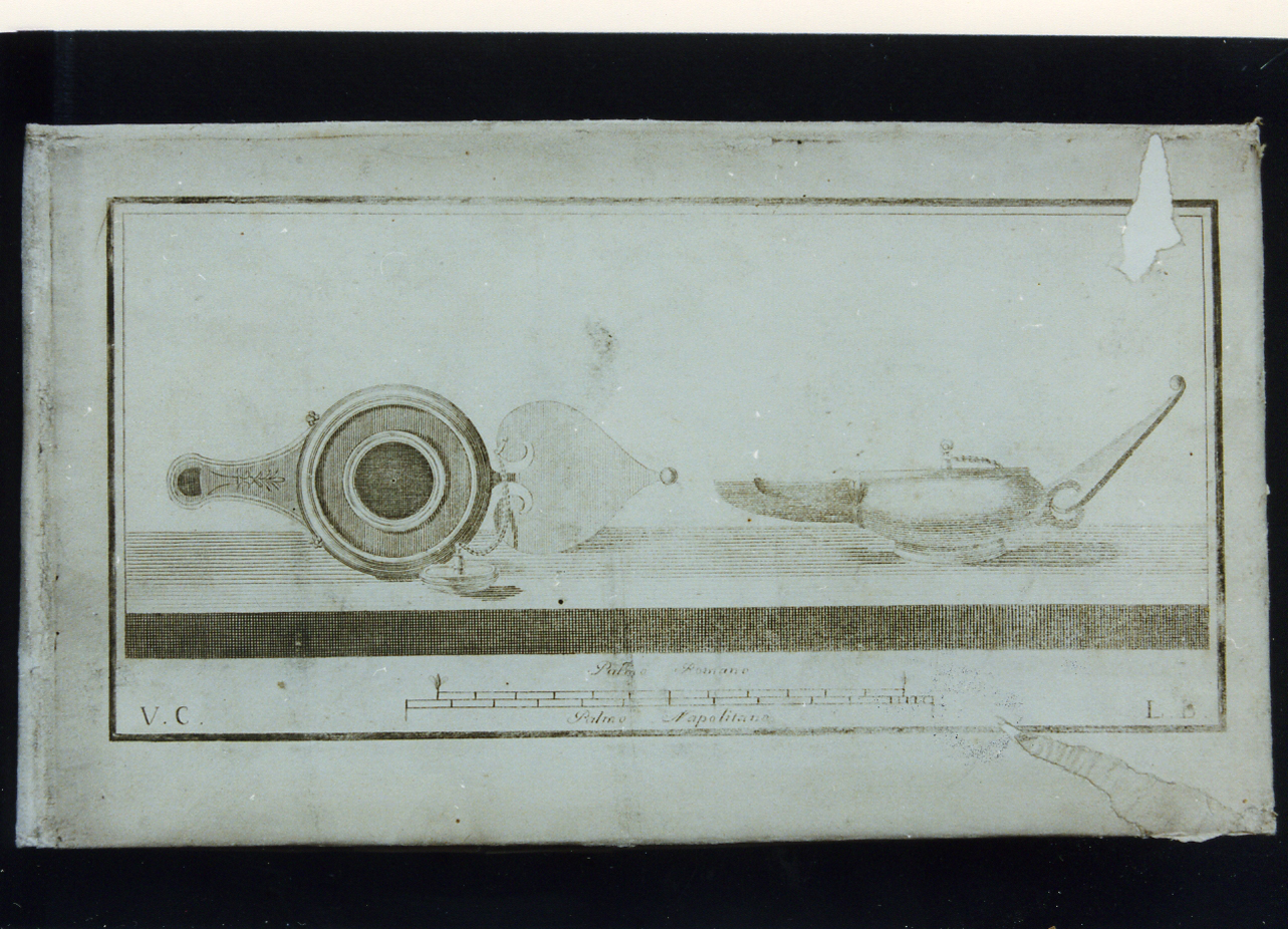 lucerna monolicne in bronzo: veduta superiore e laterale (stampa controfondata) di Campana Vincenzo (sec. XVIII)