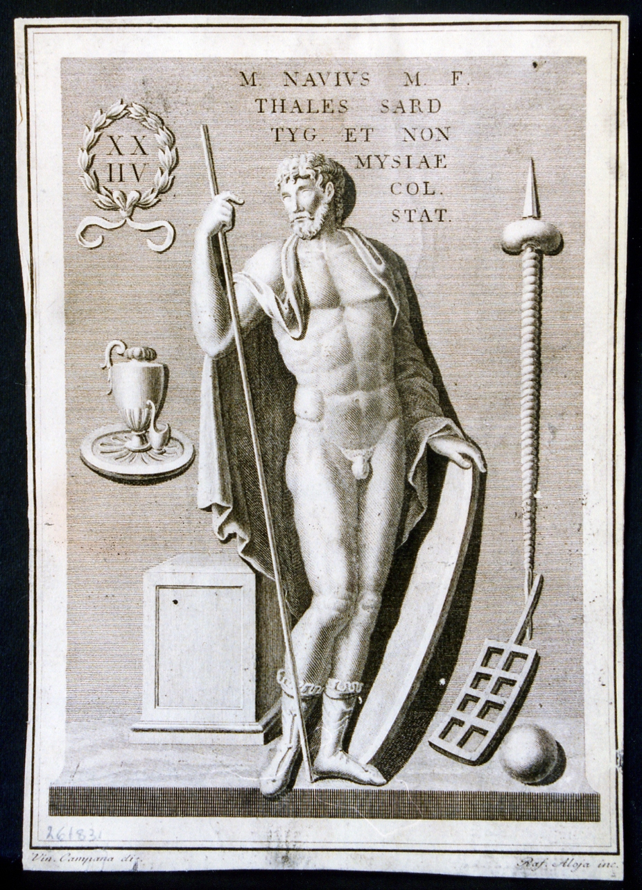 figura barbata nuda con scudo e lancia ed iscrizione latina (stampa controfondata smarginata) di Campana Vincenzo, Aloja Raffaele (ultimo quarto sec. XVIII)