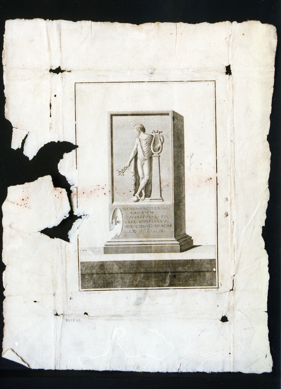 stele con portatore di pace con corona, lira e caduceo, iscrizione latinadedicatoria (stampa) di Lamberti Antonio, Campana Vincenzo (ultimo quarto sec. XVIII)