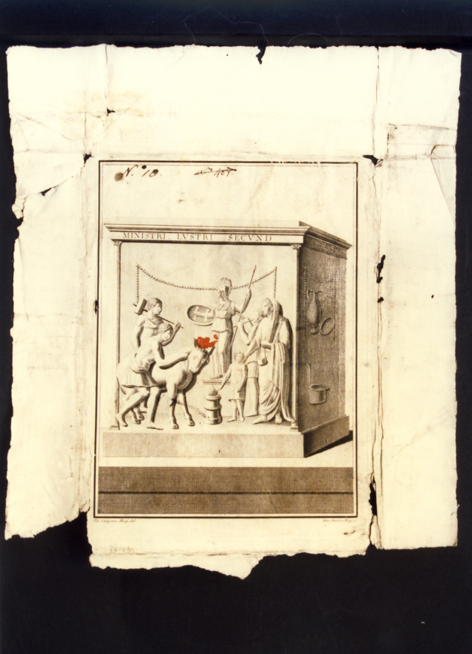 affresco pompeiano con scenografia teatrale (stampa) di Guerra Giuseppe, Campana Vincenzo (ultimo quarto sec. XVIII)