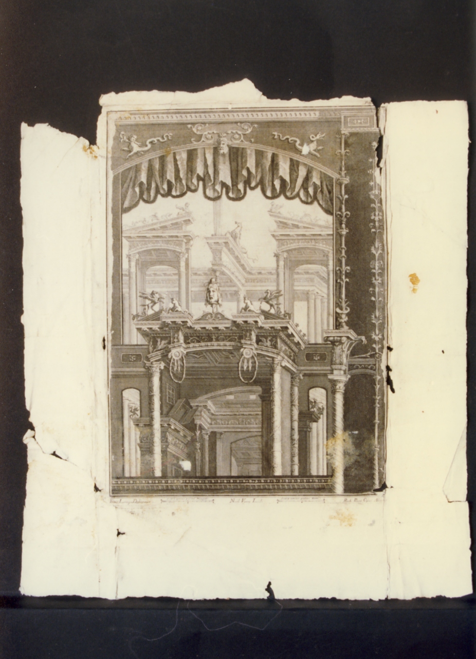 affresco pompeiano con scenografia teatrale (stampa) di Guerra Giuseppe, Campana Vincenzo (ultimo quarto sec. XVIII)