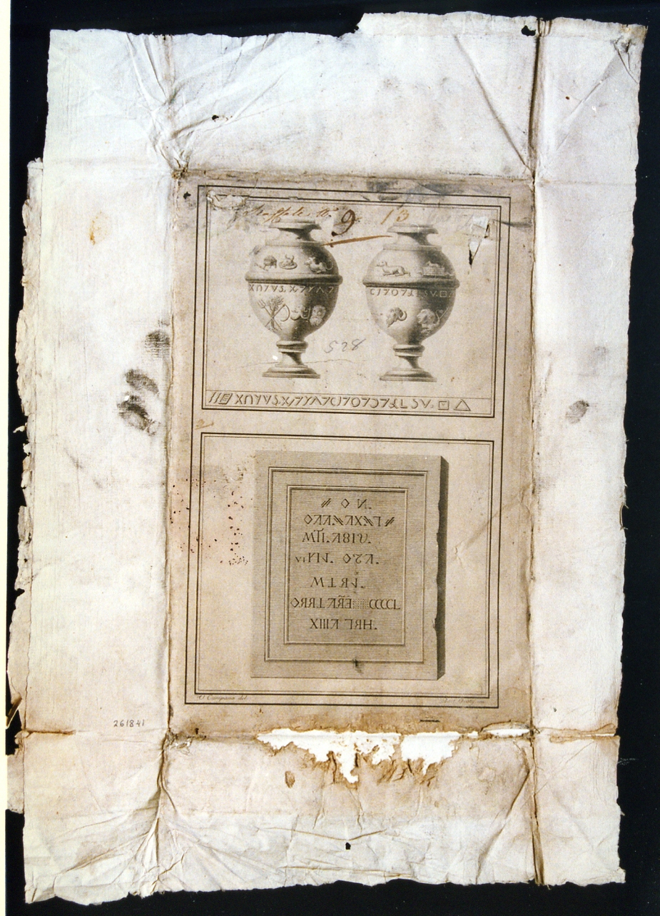 urne con simboli/ tavoletta con iscrizione (stampa) di Campana Vincenzo, D'Orazio Bartolomeo (ultimo quarto sec. XVIII)