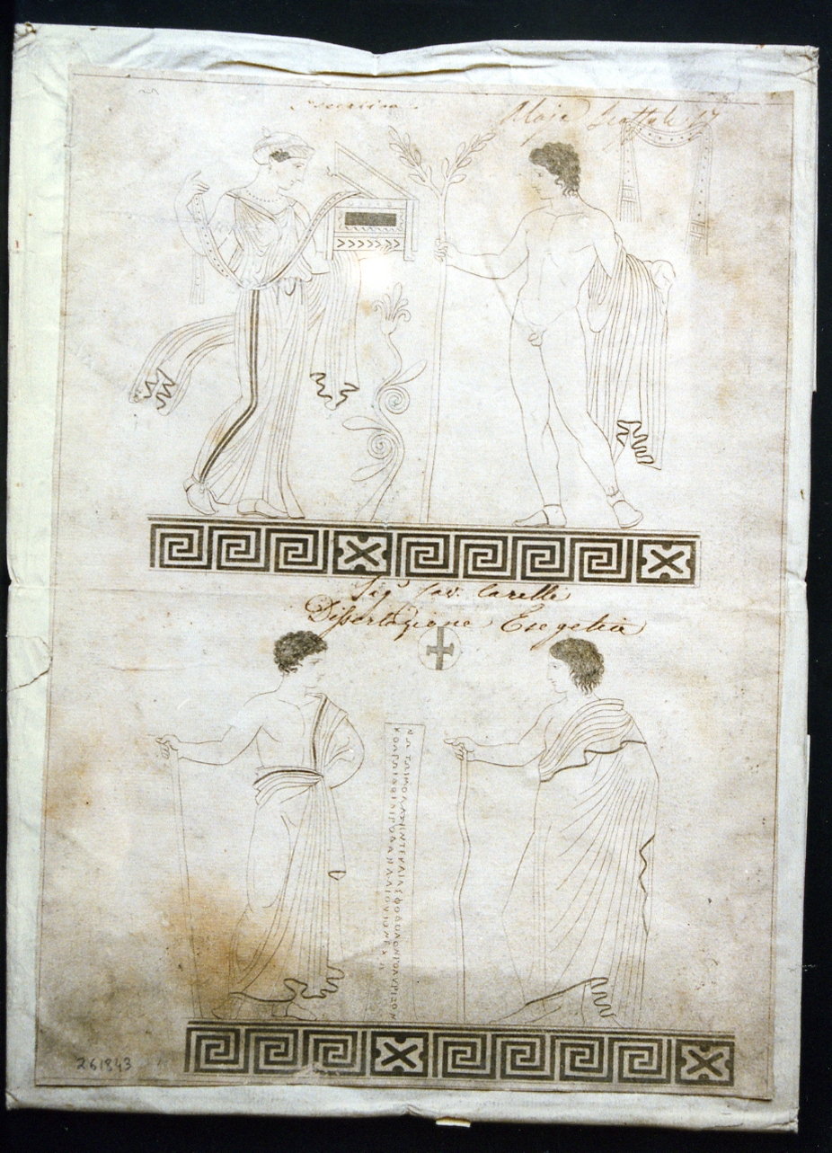 decorazione vascolare con figure maschili e femminili (stampa controfondata smarginata) - ambito napoletano (sec. XIX)