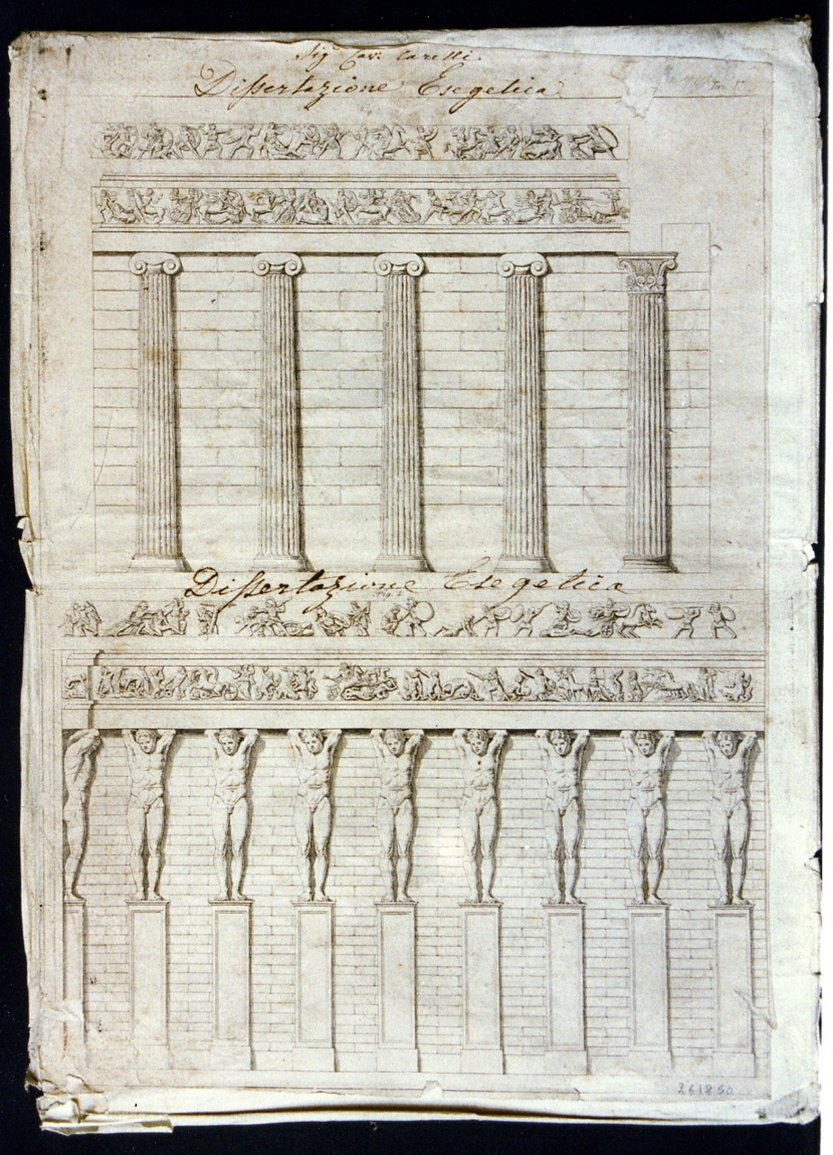 elementi architettonici: fregi, colonne e telamoni (stampa controfondata smarginata) di Russo Andrea (sec. XIX)