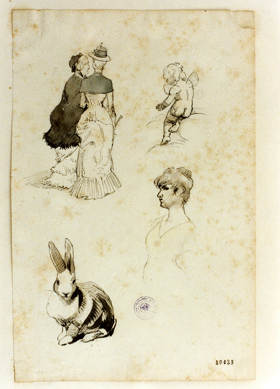 figure femminili, putto alato e coniglio (disegno) di Hermansen Olaf August (sec. XIX)