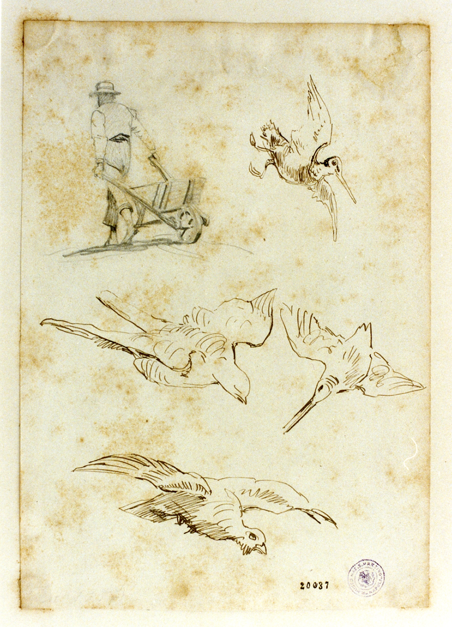 figura maschile con carretto e uccelli (disegno) di Hermansen Olaf August (sec. XIX)