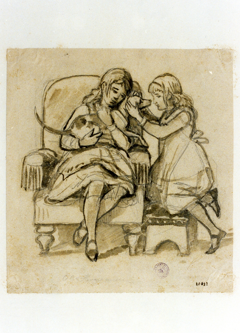 bambine con cane (disegno) di Hermansen Olaf August (sec. XIX)