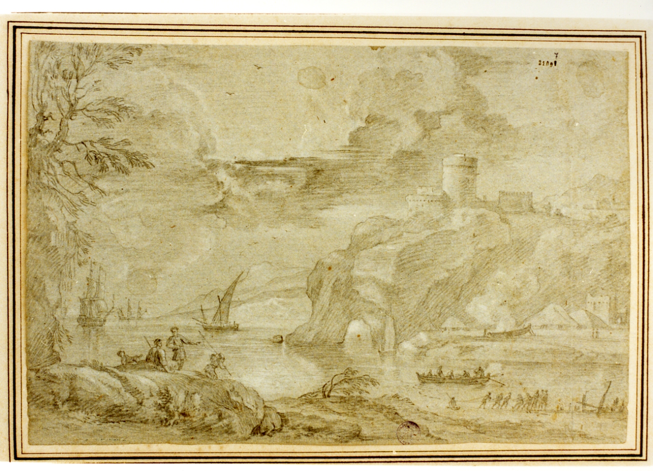marina con pescatori e barche (disegno) di Lorentzen Christian August (sec. XVIII)