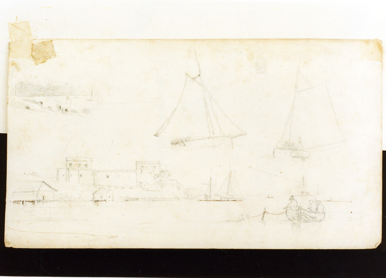 ST Domingo, studio di marina con velieri (disegno) di Melbye Fritz Sigried Georg (sec. XIX)