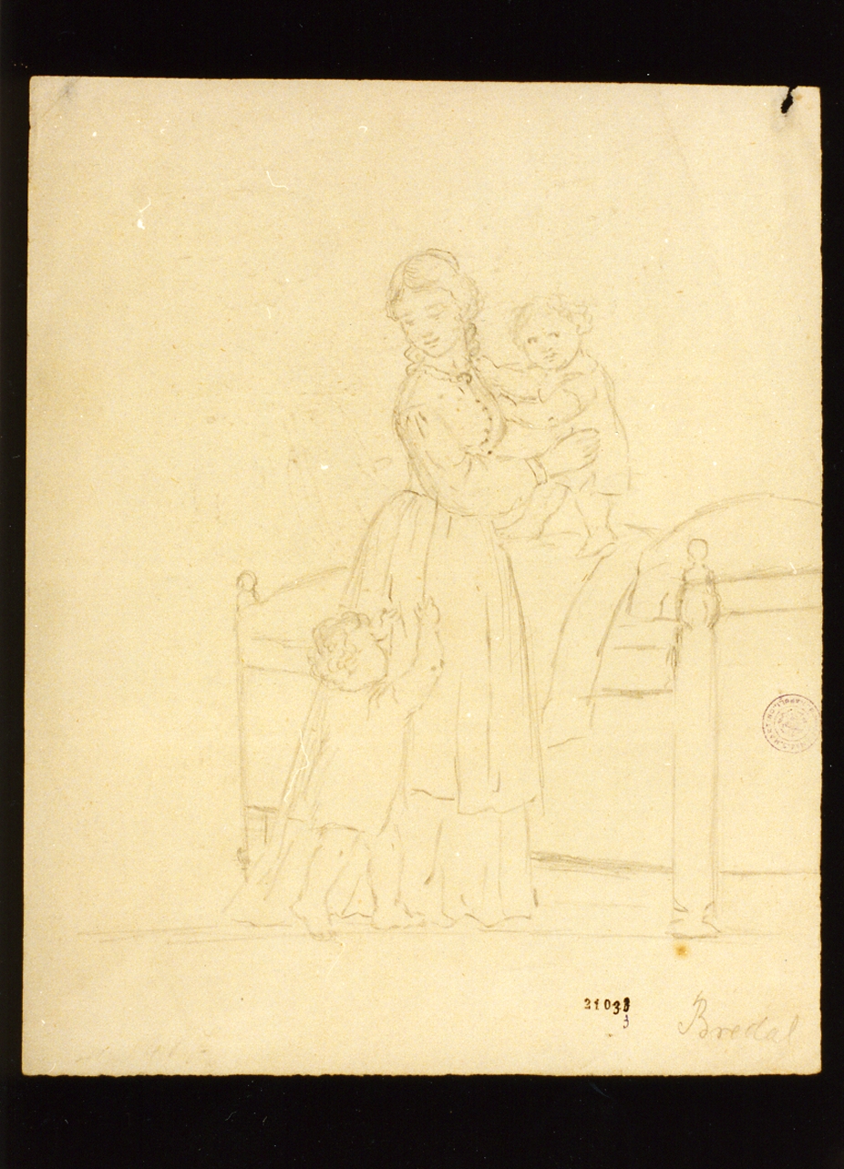 donna con due bambini (disegno) di Bredal Niels Andreas (sec. XIX)