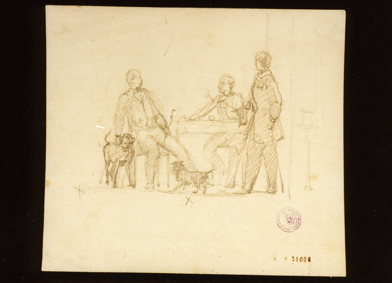 tre uomini seduti intorno ad un tavolo (disegno) - ambito tedesco (sec. XIX)