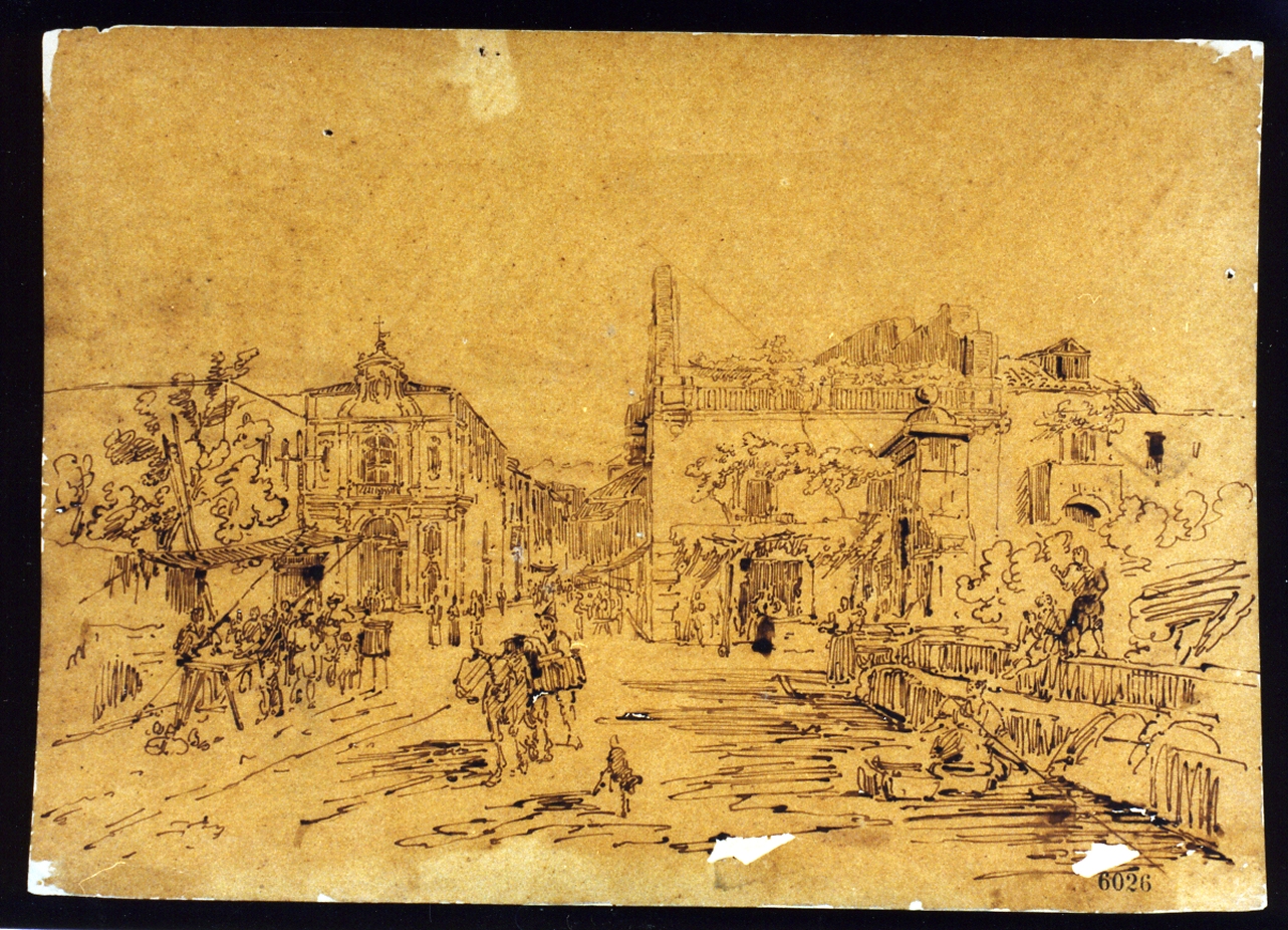 veduta di piazza Tasso a Sorrento (disegno) di Duclère Teodoro (sec. XIX)