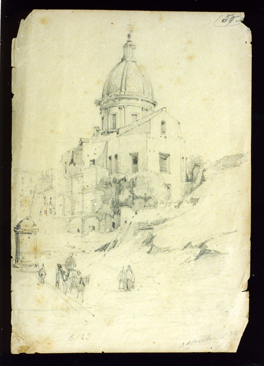 strada con persone e chiesa sullo sfondo (disegno) di Lanza Giovanni Giordano (sec. XIX)