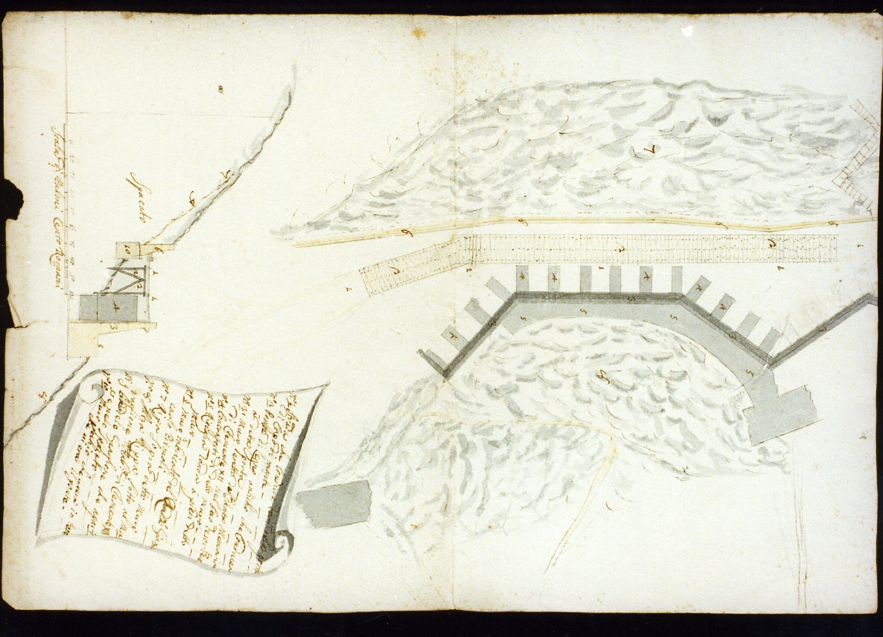 pianta e sezione di un barbacane ad Ancona (disegno) di Vanvitelli Carlo (cerchia) (sec. XVIII)