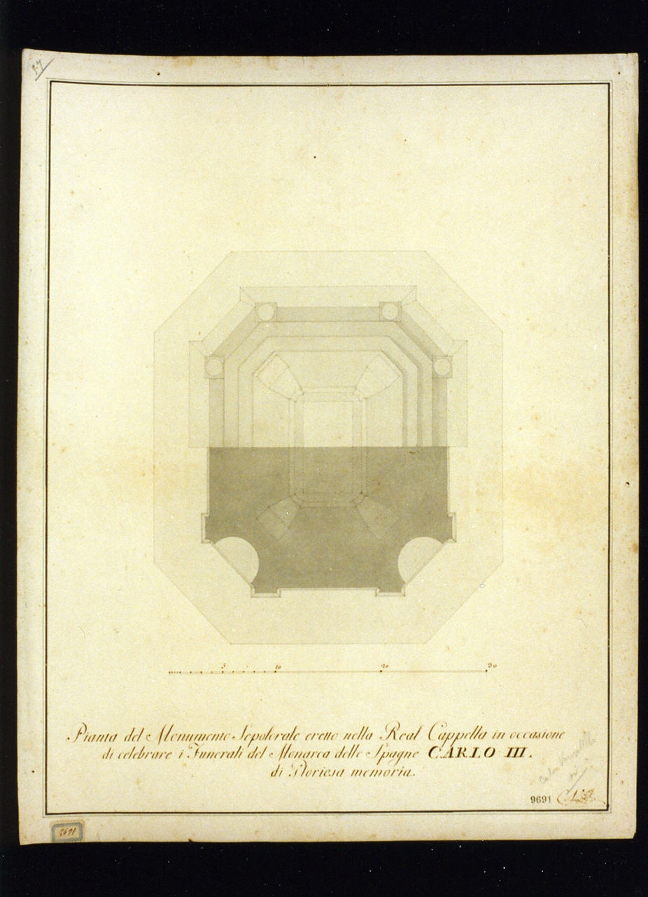 pianta del monumento sepolcrale di Carlo di Borbone (disegno) di Vanvitelli Carlo (sec. XVIII)