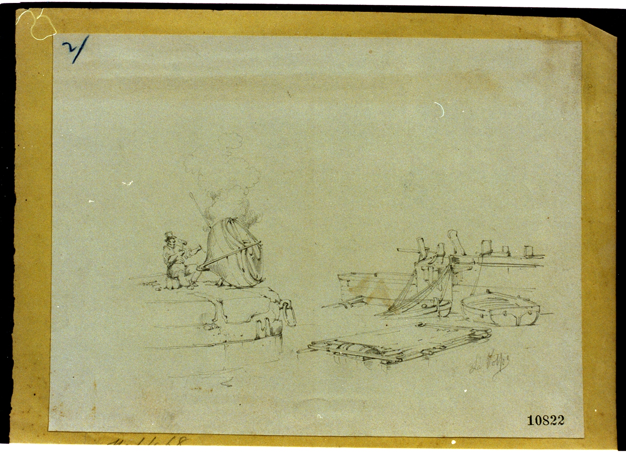 molo con barche e pescatore (disegno) di La Volpe Alessandro (sec. XIX)