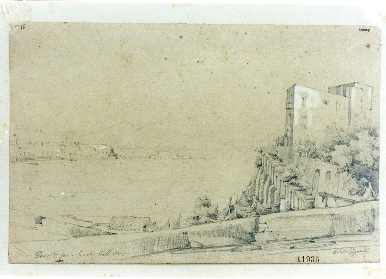 veduta di Castel dell'Ovo da Posillipo a Napoli (disegno) di Gigante Achille (sec. XIX)