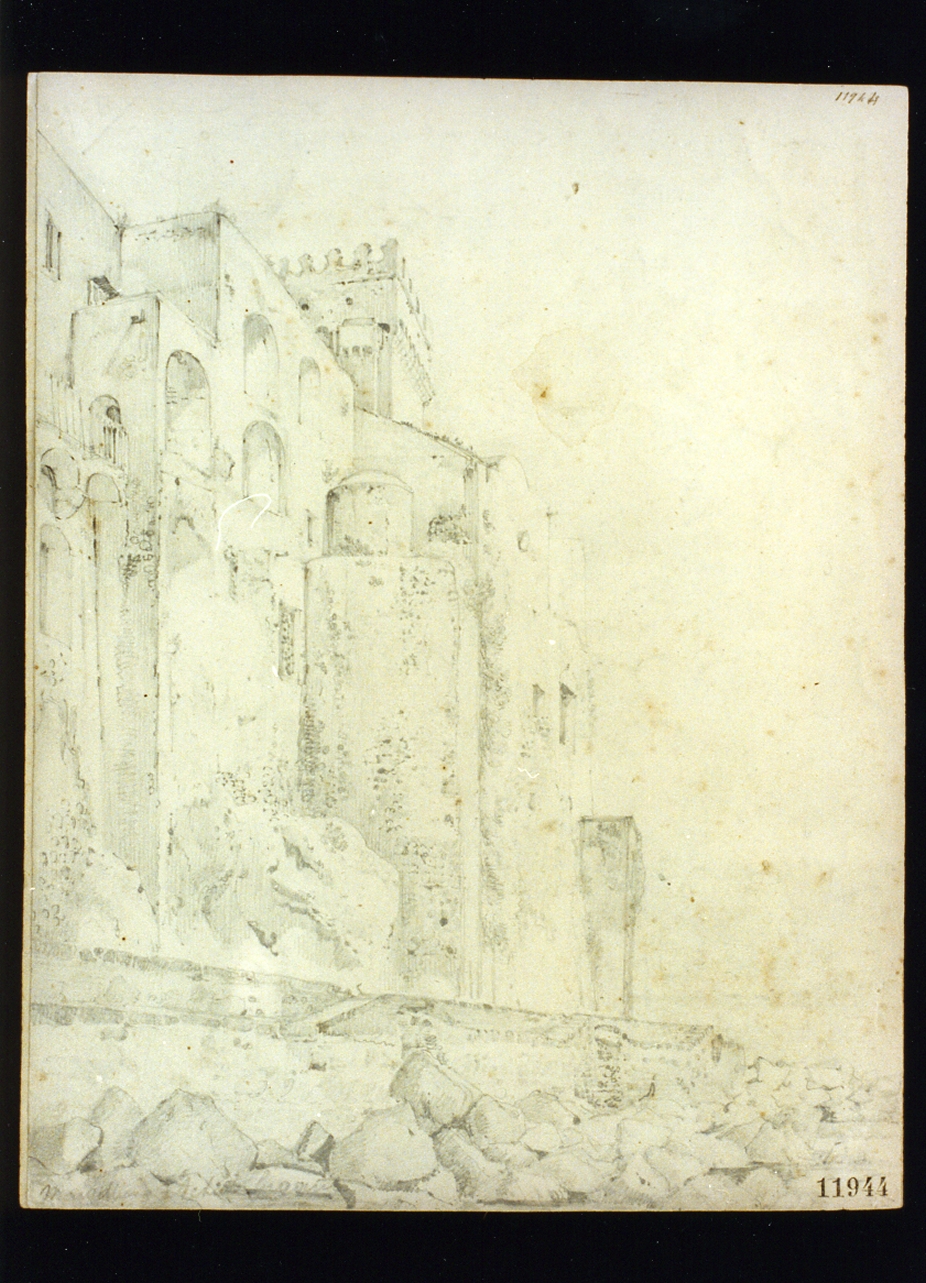 veduta di edifici sul mare a Mergellina a Napoli (disegno) di Gigante Achille (sec. XIX)
