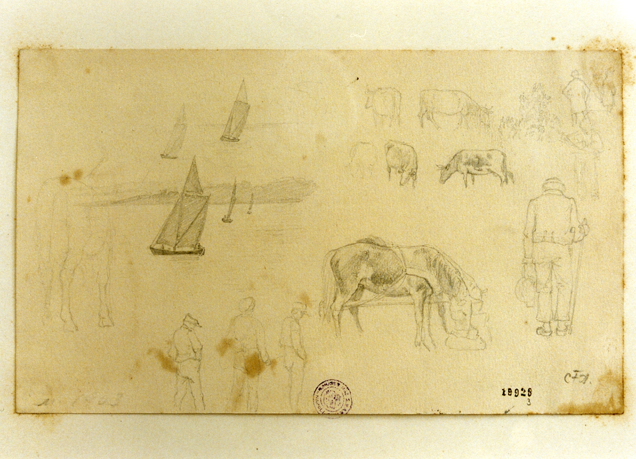 studi di figure animali e barche (disegno) di Aagaard Carl Frederik (sec. XIX)
