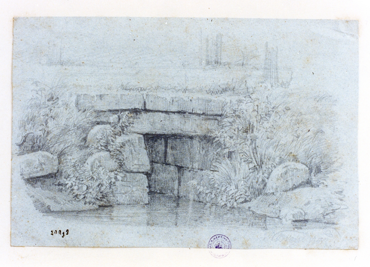 ponte in pietra presso un torrente (disegno) di Grove Nordahl (sec. XIX)