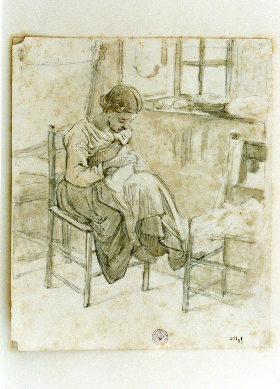 interno con donna che cuce (disegno) di Marstrand Vilhelm Nicolai (sec. XIX)