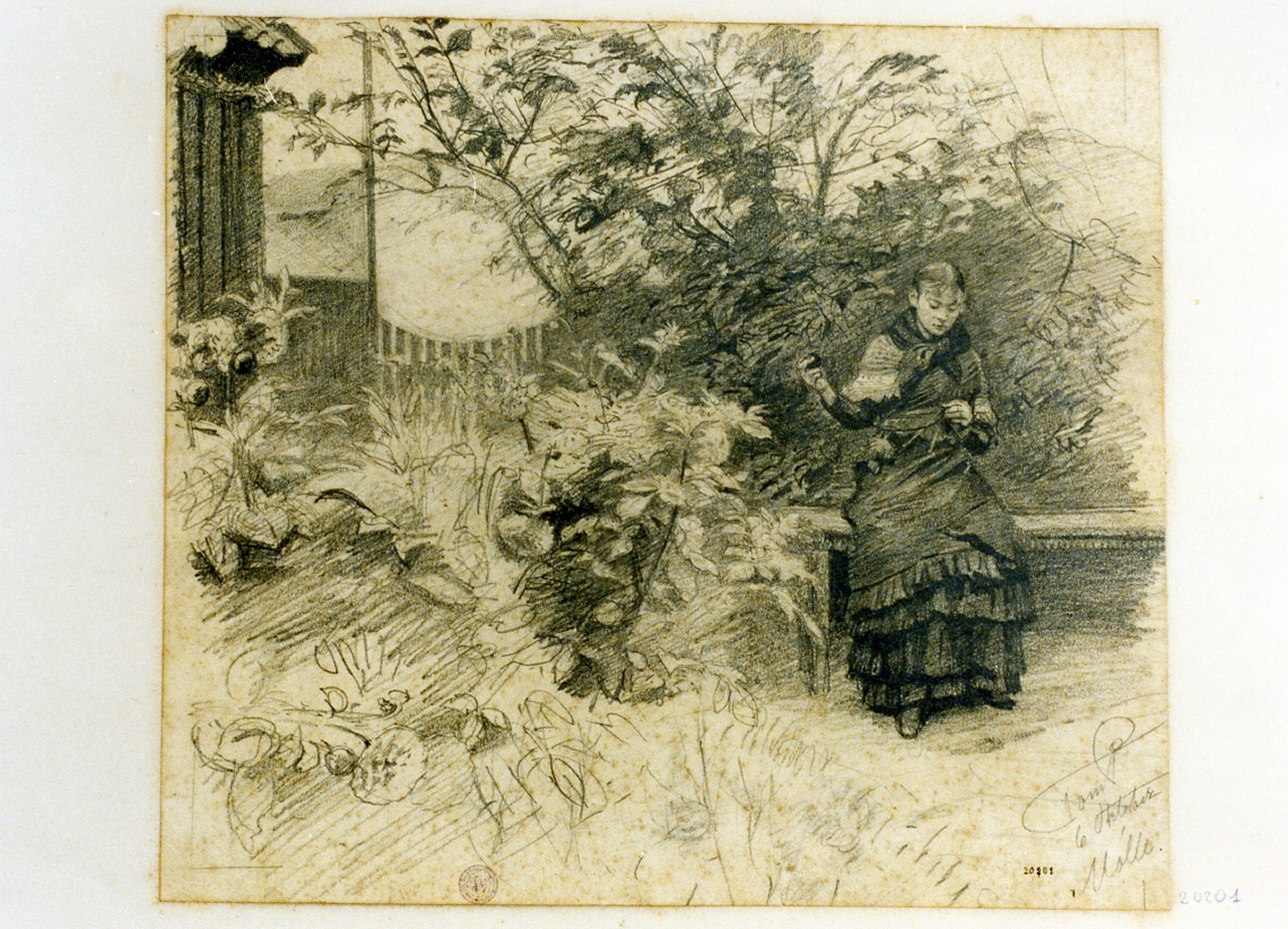 ragazza che cuce in giardino (disegno) di Tom-Petersen Peter (secc. XIX/ XX)
