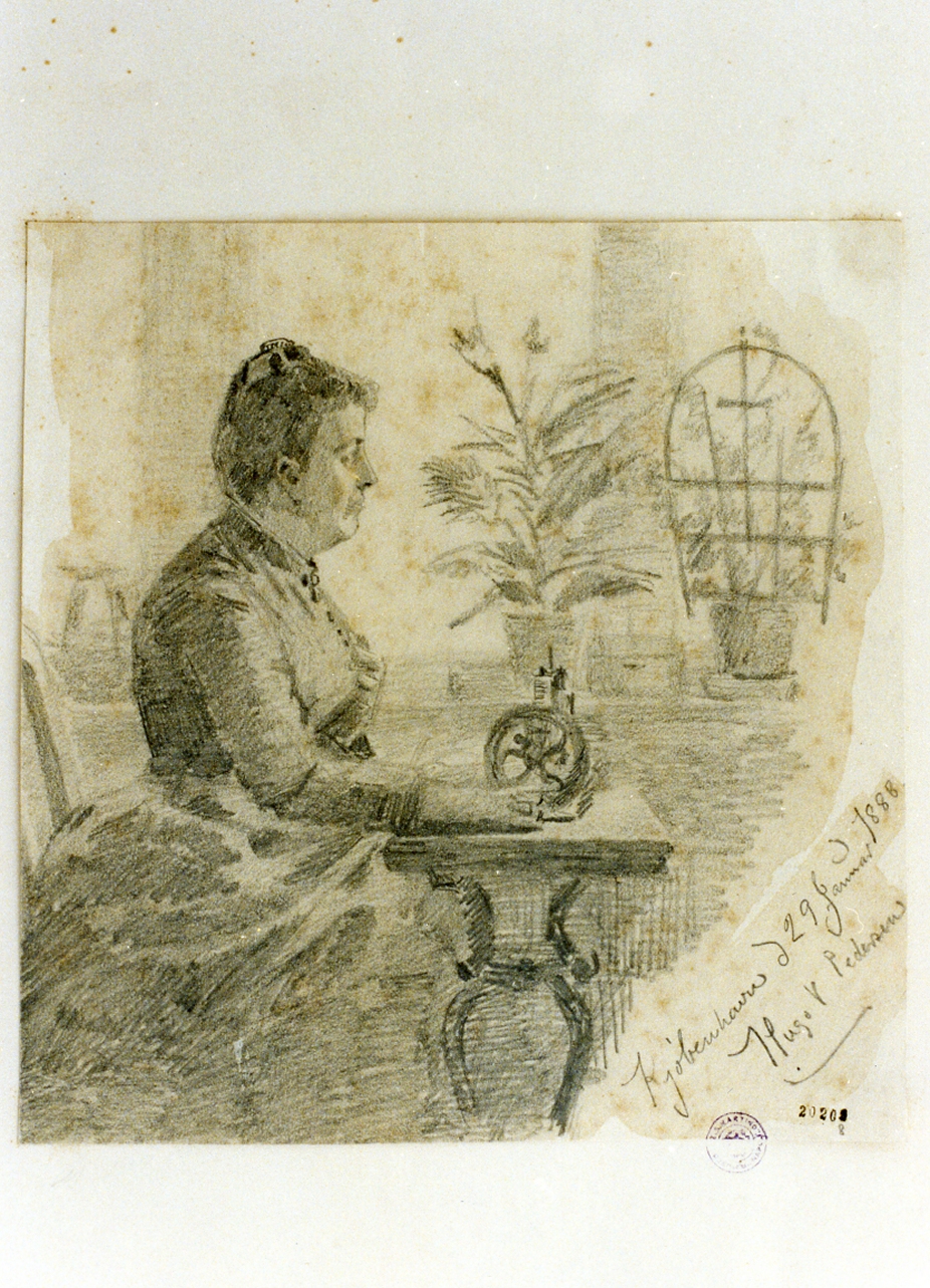 interno con donna che cuce a macchina (disegno) di Pedersen Hugo Vilfred (sec. XIX)