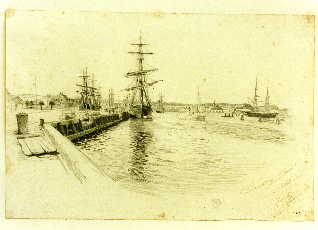 veduta del porto di Svendborg (disegno) di Tom-Petersen Peter (sec. XIX)
