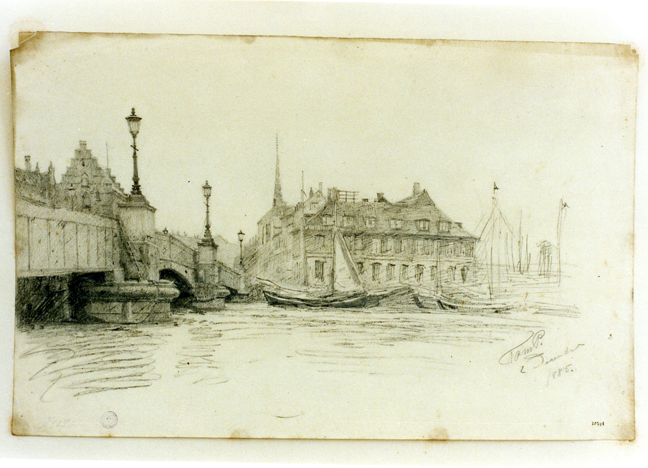 veduta di un ponte presso la Borsa di Copenaghen (disegno) di Tom-Petersen Peter (sec. XIX)