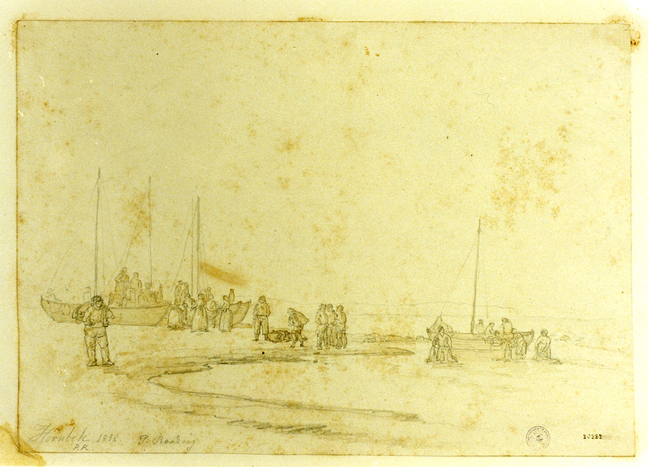 pescatori sulla spiaggia di Hornbek (disegno) di Raadsig Johan Peter (sec. XIX)