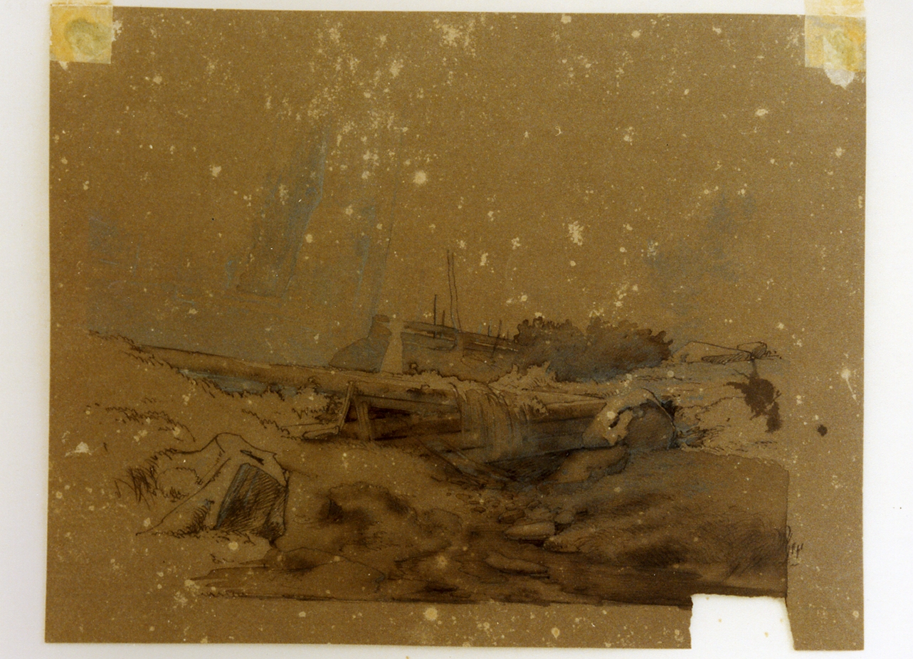 paesaggio con fiume (disegno) di Rohde Niels Frederik Martin (sec. XIX)