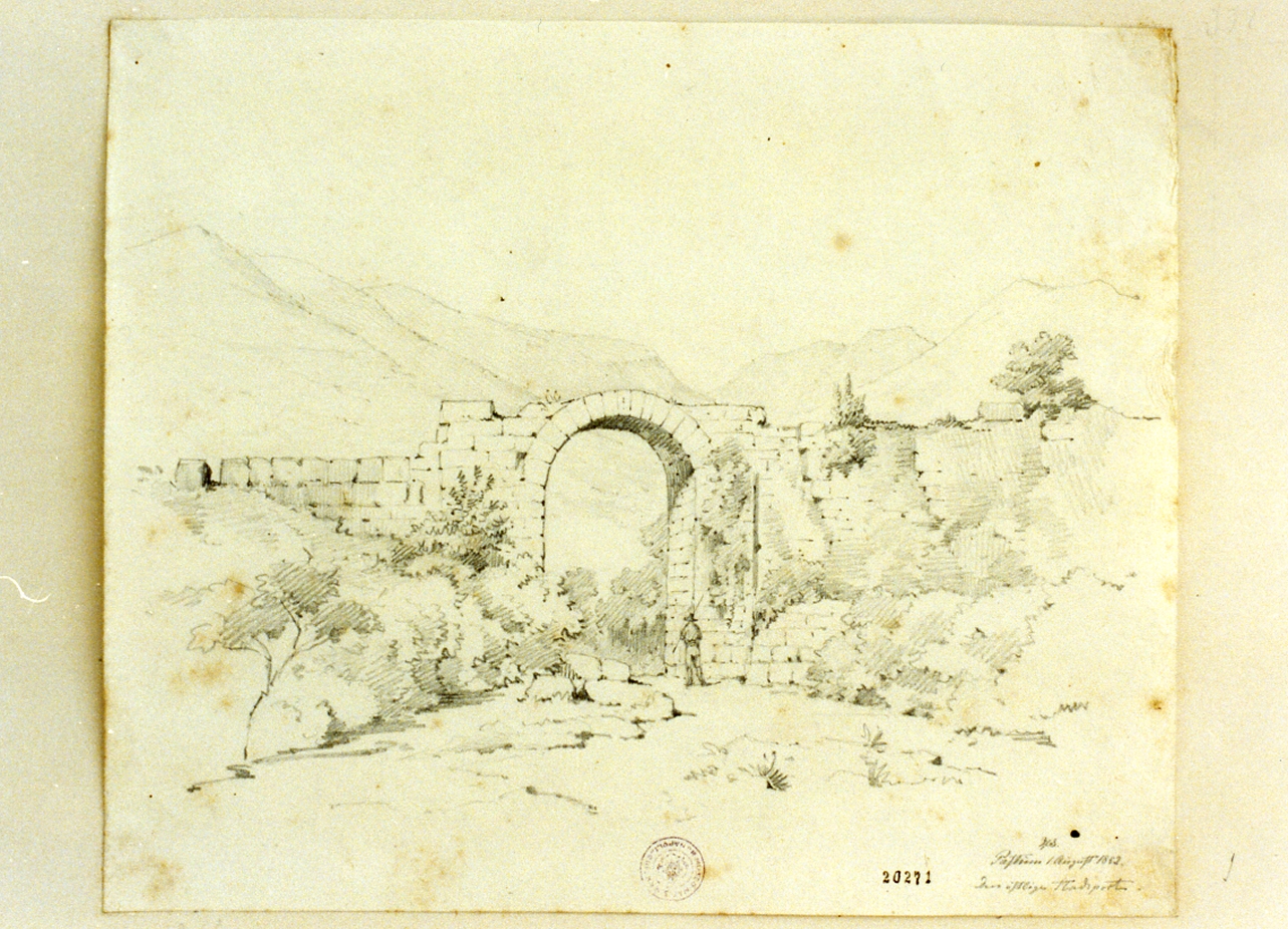 veduta della porta di Paestum (disegno) di Stilling Harald Conrad (sec. XIX)