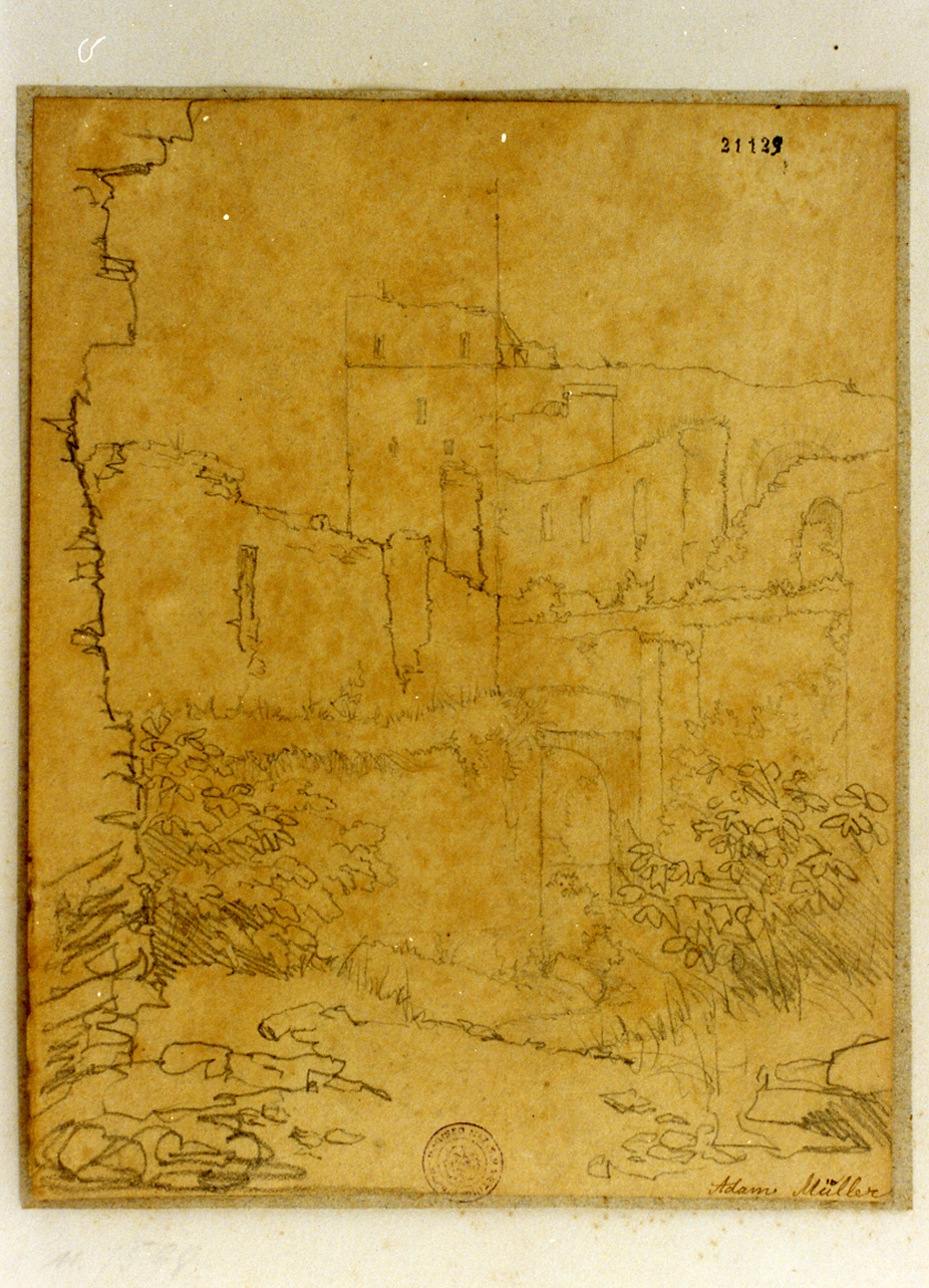 veduta delle rovine di un castello (disegno) di Muller Adam August (sec. XIX)