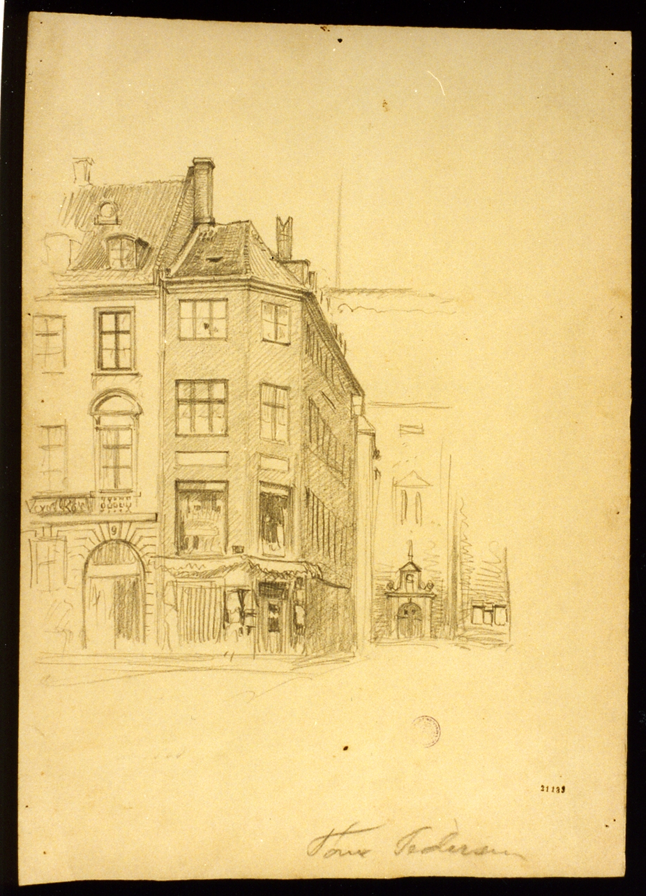 veduta di Hojbro Plads a Copenaghen (disegno) di Tom-Petersen Peter (secc. XIX/ XX)