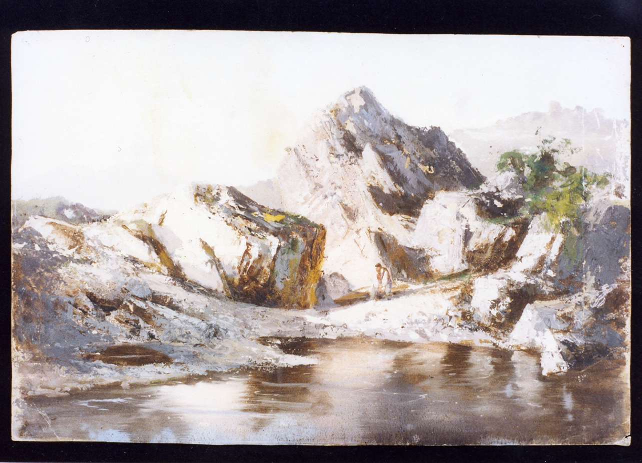 paesaggio lacustre con rocce (disegno) di Gigante Giacinto (sec. XIX)