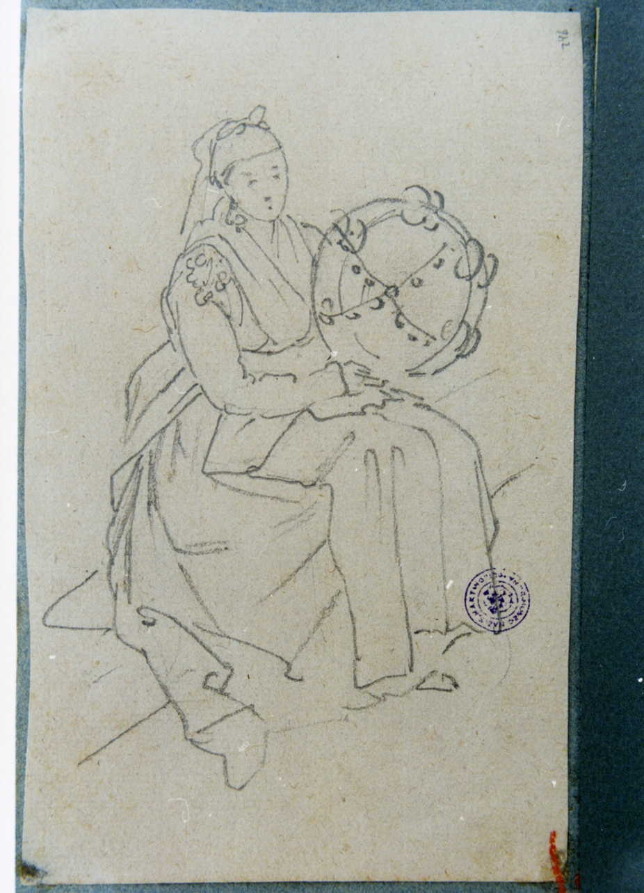 figura femminile seduta con tamburello (disegno) di Vervloet Frans (secondo quarto sec. XIX)