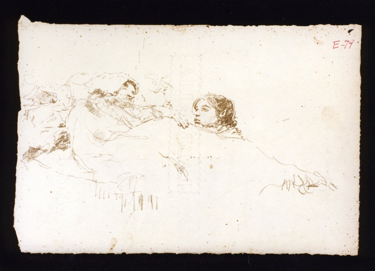studio di madre distesa nel letto e figlio al capezzale (disegno) di Vetri Paolo (sec. XIX)